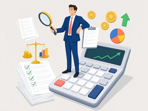 A businessman is leaning on a large calculator and charts