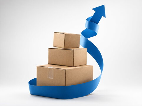 Cardboard boxes on a conveyor belt against a clean background. Logistics and delivery.
