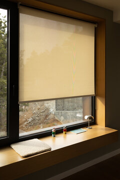 Contemporary Window with Roller Blind And Oak Bench With Study Setup