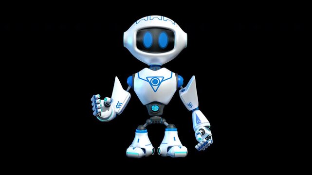 Small white robot with blue graphics walking towards the viewer. Loop sequence with alpha channel. 3D Animation