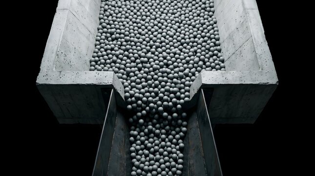 Concrete hopper releasing hundreds of grey spheres illustrating heavy industrial manufacturing and raw material processing