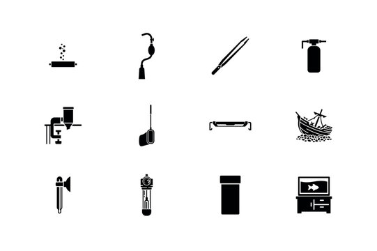 Aquarium equipment and fish tank accessories black glyph icon set