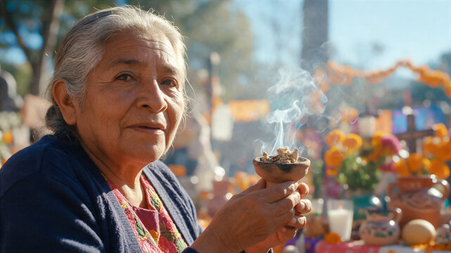Portrait of an elderly woman of Mexican descent holding a small censer with smoldering copal resin, blurred background featuring a Day of the Dead street altar, copy space for text