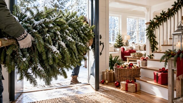 People carrying a fresh Christmas tree into a bright festive home decorated for the holidays