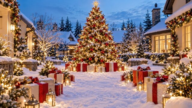 Festive Christmas courtyard with illuminated tree gifts and lanterns in fresh winter snow