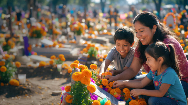 Day of the Dead traditions in Mexico, a Mexican-American family at a cemetery on a bright, sunny day, arranging marigolds, decorations, and small candles around a headstone