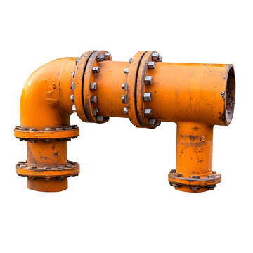 Double bent orange industrial pipe section with connecting flanges for utility systems.