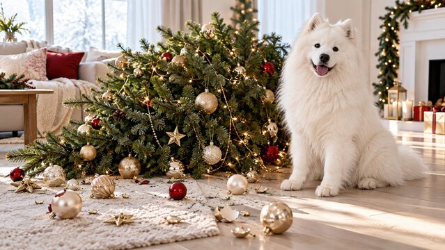 White Samoyed dog beside a fallen decorated Christmas tree in a bright festive home