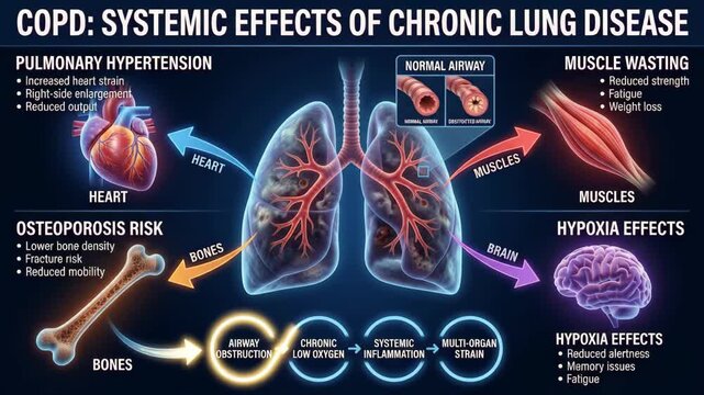 Medical animation showing systemic effects of chronic obstructive pulmonary disease on organs