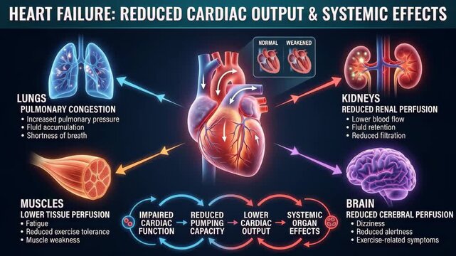 Medical infographic showing systemic effects of heart failure and reduced cardiac output function