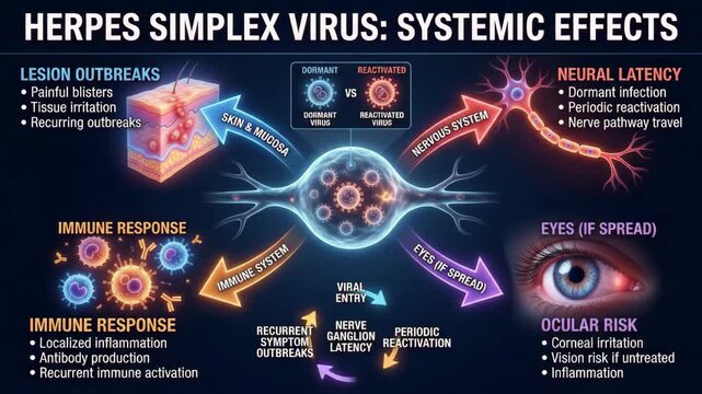 Medical infographic showing systemic effects and neural latency of herpes simplex virus infection