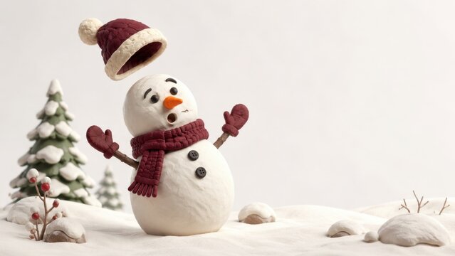 Playful handcrafted Christmas snowman surprised by a flying hat in a snowy winter scene
