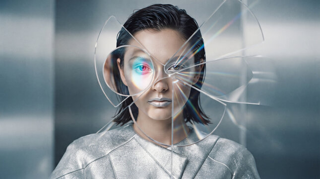 Beautiful young woman with colorful digital glitch effect on her face and clothing