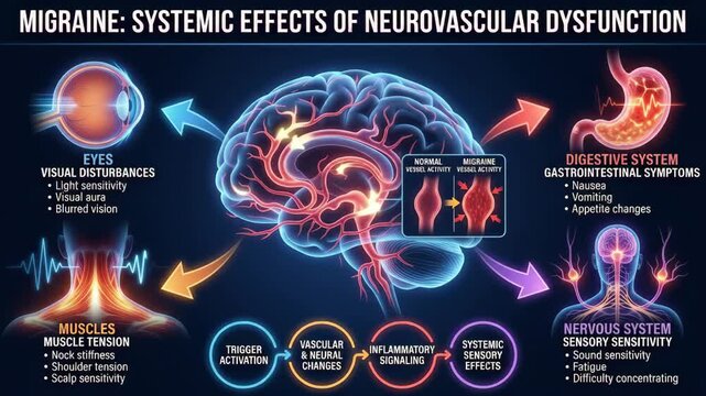 Medical infographic showing systemic effects of neurovascular dysfunction during a migraine attack