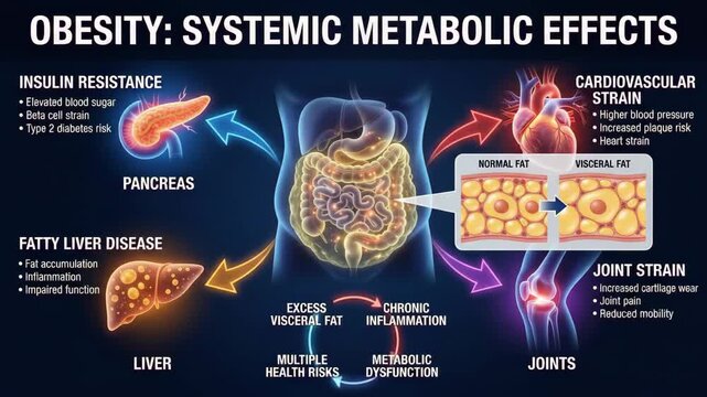 Medical infographic showing the systemic metabolic effects of obesity on human organs