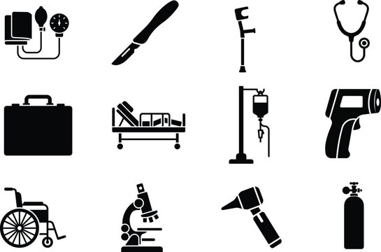 Medical and healthcare vector icons set representing clinical equipment and care