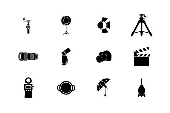 Photography and videography equipment vector icon set featuring cameras, lenses, and lighting gear