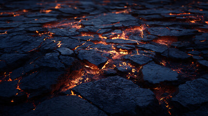 Intense glowing molten lava flowing through dark volcanic rock crevices © MohammodAlauddin