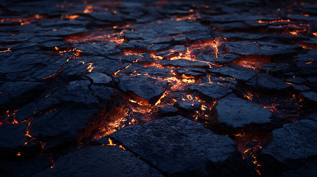 Intense glowing molten lava flowing through dark volcanic rock crevices