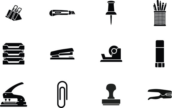Set of minimalist black office stationery icons and supplies vector illustration