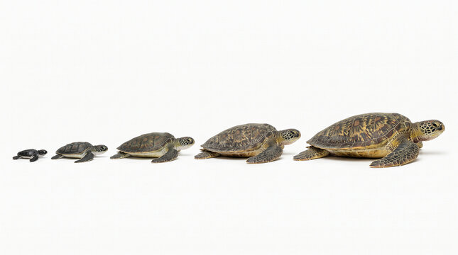 Sea Turtle Growth Stages from Hatchling to Adult on White Background