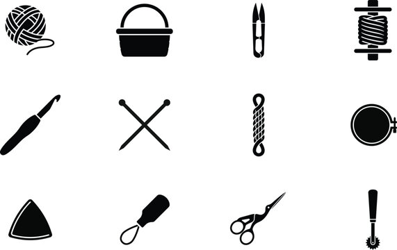 Sewing and knitting tools vector icons set on a clean background