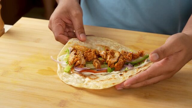 Chicken Roll Filling Arranged on Paratha