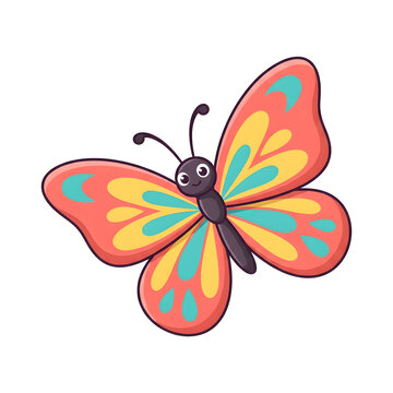 Butterfly, cartoon character and insect on white background for children education, nature learning and art projects. Colorful, wings and smile with design, creative drawing and simple cute sticker