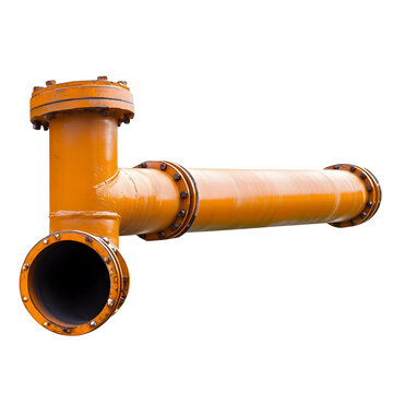 Orange industrial pipe with T-joint and flanges for fluid distribution networks.