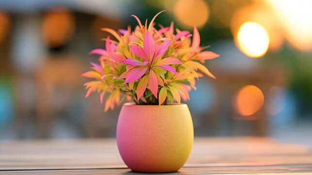 Delicate foliage emerges from a brightly colored pot on a wooden surface.