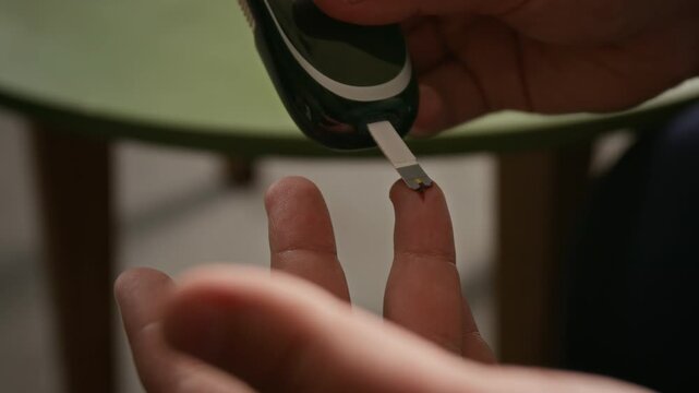 Unrecognizable adult pricking fingertip with lancet and testing blood drop using glucometer. Ideal for diabetes management campaigns, healthcare tutorials, and medical technology commercials