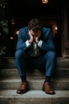 Stressed Dejected Businessman Sitting Outdoors On Concrete Steps Feeling Exhausted And Overwhelmed