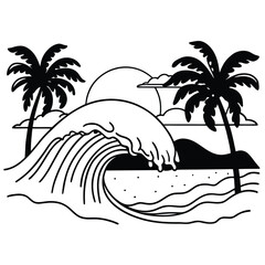 Tropical Island with Palm Trees and Beach, Exotic Paradise with Ocean Waves, Summer Vacation Travel Landscape, Sunset Sea and Sky Vector Illustration Design © Saidur