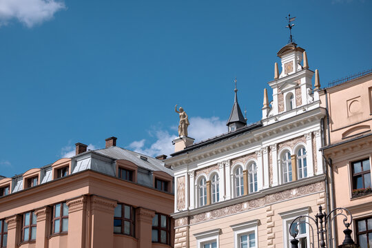 Krakow, Poland - July 17, 2026: Ornate historic building facade with sculptural and classical details in Krakow Old Town.
