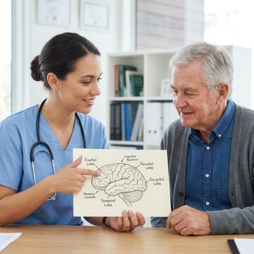 Doctor Explains Brain Anatomy To Senior Patient During Medical Consultation
