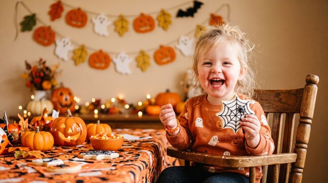 Laughing toddler holds a spiderweb cookie at a Halloween party table decorated with pumpkins, candy and ghost garlands