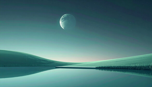 Peaceful moonlit lake pier full moon starry night sky