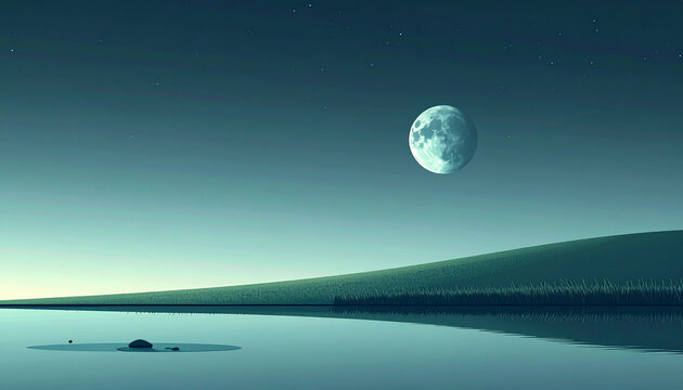 Tranquil moonlit lake grass hill starry night sky