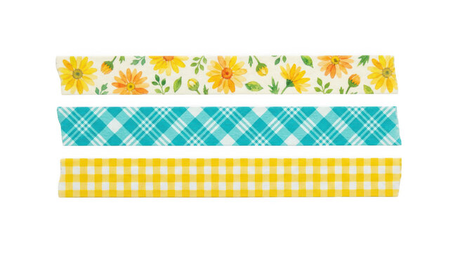 Three rolls of patterned washi tape isolated on transparent background