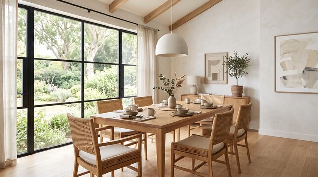 Modern Japandi style dining room with light oak wooden table, woven chairs, and large black frame window overlooking a lush green garden in a bright, airy interior.