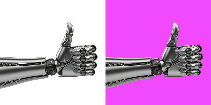 Metallic robot hand showing thumb up gesture 3D render