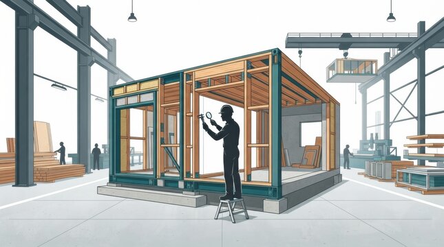 Workers are assembling a modular prefab home in a construction factory. The focus is on checking structural components for quality.