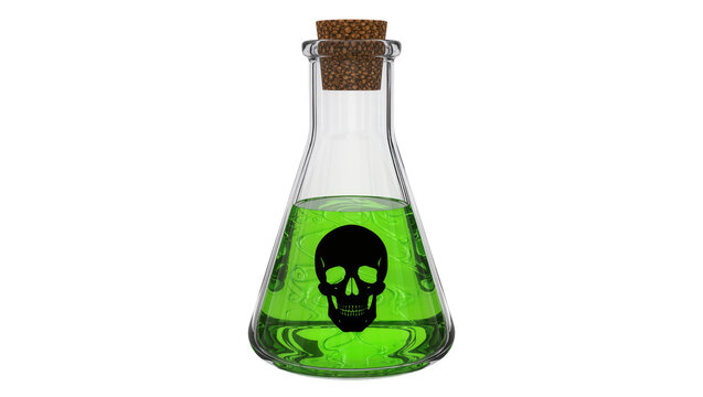 Glass flask with green liquid and skull symbol, isolated on transparent background