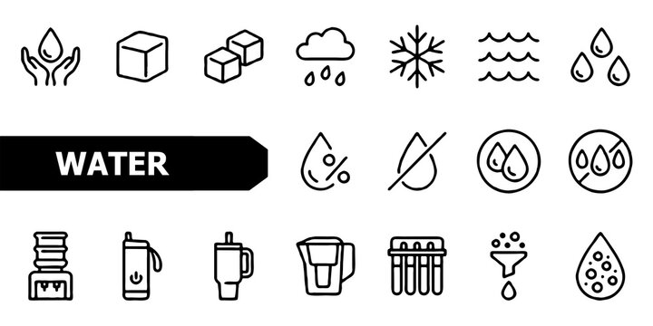 Water Line Icon Set. Droplet, Hydration, Filtration, Purification, Faucet, Drink Glass, Blood Drop, Oil and Chemistry. Editable Stroke. Vector Illustration.