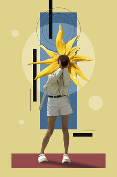 Collage with a woman in leather jacket with a flower instead of a head