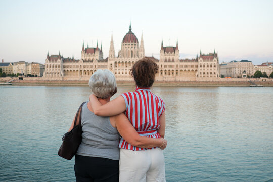 Mother and Daughter Admiring Budapest Parliament