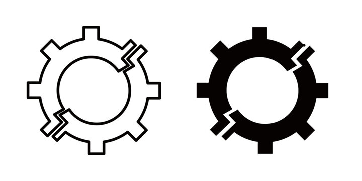 Broken gear icon in outline and solid style, isolated on white background. Perfect for system error, malfunction, and technical issue apps and websites.