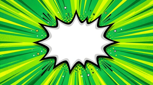 Bright comic style speech bubble explosion effect with starburst rays in vibrant green