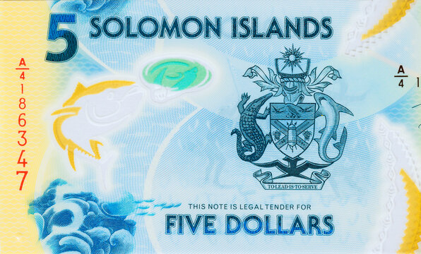 Five dollar polymer cash banknote from Solomon Islands relies 2019 issued Bank of Solomon Islands