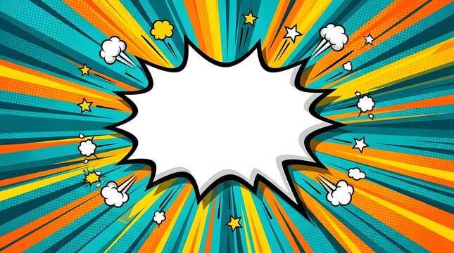 Vibrant comic speech bubble explosion with stars and energy beams radiating from center